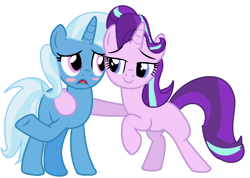 Size: 978x697 | Tagged: safe, artist:victorfazbear, derpibooru import, starlight glimmer, trixie, pony, unicorn, base used, blushing, cute, female, hug, lesbian, looking at each other, mare, missing cutie mark, shipping, simple background, startrix, white background
