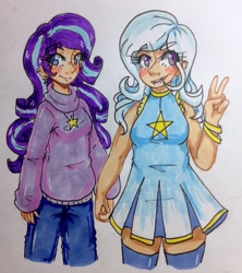 Size: 1065x1200 | Tagged: safe, artist:mylittleyuri, derpibooru import, starlight glimmer, trixie, human, female, holding hands, humanized, lesbian, shipping, startrix, traditional art