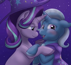 Size: 931x858 | Tagged: safe, artist:housho, derpibooru import, starlight glimmer, trixie, pony, unicorn, blushing, female, lesbian, mare, night, shipping, startrix