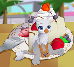 Size: 960x869 | Tagged: safe, artist:ohohokapi, oc, oc only, oc:der, griffon, blueberry, cake, cheesecake, cute, food, fork, micro, paws, solo, strawberry, underpaw