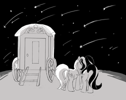 Size: 1000x800 | Tagged: safe, artist:yuniuni11, derpibooru import, starlight glimmer, trixie, pony, unicorn, female, lesbian, mare, monochrome, night, rear view, shipping, shooting star, stars, startrix, trixie's wagon