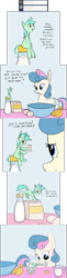 Size: 1516x6260 | Tagged: safe, artist:tiny-little-lyra, bon bon, lyra heartstrings, sweetie drops, earth pony, pony, unicorn, ask, banana, bowl, comic, dialogue, egg (food), female, food, lesbian, looking at each other, lyrabon, mare, measuring cup, micro, milk, milk bottle, mouth hold, pouring, recipe, shipping, sitting, size difference, smiling, tumblr
