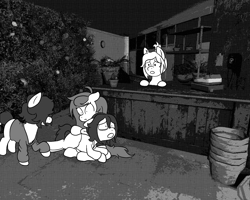 Size: 1280x1024 | Tagged: safe, artist:scraggleman, wallflower blush, oc, oc:floor bored, oc:home sick, oc:paradise skies, earth pony, pony, story:lost and found, equestria girls, equestria girls series, forgotten friendship, cash register, flower, monochrome, pottery, story included, worried