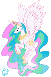 Size: 800x1200 | Tagged: safe, artist:lilmandarin, princess celestia, alicorn, pony, female, flying, horn, mare, multicolored mane, solo, white coat
