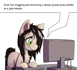 Size: 1500x1350 | Tagged: safe, artist:senaelik, oc, oc only, oc:floor bored, earth pony, pony, caption, chest fluff, computer, ear fluff, eyelashes, female, leg fluff, mare, ponified, prone, simple background, solo, text, transparent background