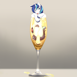 Size: 2000x2000 | Tagged: safe, artist:everfreeshrine, edit, shining armor, pony, unicorn, blushing, champagne, cup, cup of pony, drink, drunk, glass, looking at you, male, micro, solo