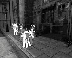 Size: 1280x1024 | Tagged: safe, artist:scraggleman, wallflower blush, oc, oc:floor bored, oc:home sick, oc:paradise skies, earth pony, pony, story:lost and found, fence, monochrome, story included, street lamp
