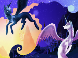 Size: 1024x762 | Tagged: safe, artist:amirah-the-cat, nightmare moon, princess celestia, alicorn, pony, canterlot, contrast
