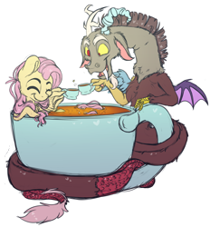 Size: 3978x4295 | Tagged: safe, artist:cutepencilcase, discord, fluttershy, draconequus, pegasus, pony, cup, cup of pony, cute, discute, female, mare, micro, outline, shyabetes, simple background, smiling, teacup, transparent background, white outline, wing hands, wing hold