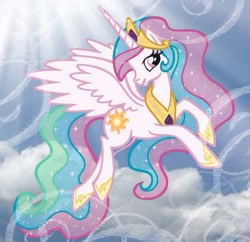 Size: 600x581 | Tagged: safe, artist:purplefairy456, princess celestia, alicorn, pony, female, flying, horn, mare, multicolored mane, solo, white coat