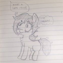 Size: 1315x1316 | Tagged: safe, artist:shpace, oc, oc:floor bored, earth pony, pony, bags under eyes, chest fluff, lined paper, ponytail, speech bubble, thought bubble, traditional art