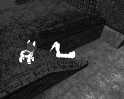 Size: 1280x1024 | Tagged: safe, artist:scraggleman, oc, oc:floor bored, earth pony, pony, story:lost and found, monochrome, monster, ponytail, stairs, story included