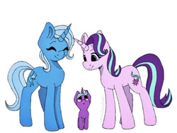 Size: 500x375 | Tagged: safe, artist:incendiaryboobs, derpibooru import, starlight glimmer, trixie, oc, oc:roulette, pony, unicorn, family, female, lesbian, magical lesbian spawn, offspring, parent:starlight glimmer, parent:trixie, parents:startrix, shipping, simple background, startrix, white background