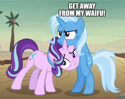 Size: 1154x916 | Tagged: safe, derpibooru import, edit, edited screencap, screencap, starlight glimmer, trixie, pony, unicorn, road to friendship, caption, female, image macro, lesbian, meme, shipping, startrix, text, trixie yells at everything, waifu