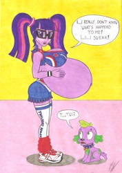 Size: 2465x3489 | Tagged: safe, artist:metaldudepl666, sci-twi, spike, spike the regular dog, twilight sparkle, dog, equestria girls, alternate hairstyle, belly, big breasts, blushing, breasts, cheerleader, cheerleader outfit, cheerleader sparkle, crossover, female, fetish, glasses, headlight sparkle, huge breasts, hyper, hyper pregnancy, impossibly large belly, inflation, lollipop chainsaw, looking at you, phantom pregnancy, pregnant, sneakers, sneakers fetish, teen pregnancy, voice actor joke