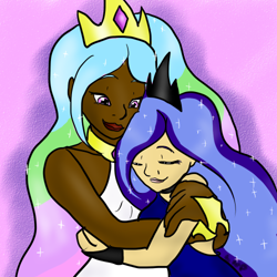 Size: 500x500 | Tagged: safe, artist:nikki-nicole-p, princess celestia, princess luna, blackwashing, dark skin, hug, humanized, sisters