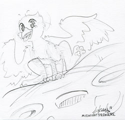 Size: 1234x1186 | Tagged: safe, artist:midnightpremiere, oc, oc only, oc:der, griffon, fidget spinner, male, micro, monochrome, solo, traditional art