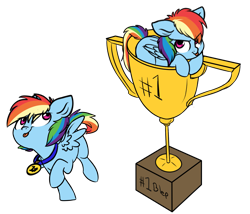 Size: 2357x2013 | Tagged: safe, artist:chub-wub, rainbow dash, pegasus, pony, :p, cup, cup of pony, cute, dashabetes, female, filly, filly rainbow dash, looking at you, looking back, mare, medal, micro, silly, simple background, solo, tongue out, transparent background, trophy, trotting, younger