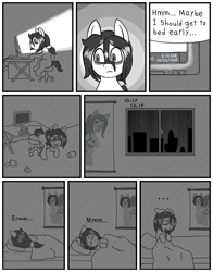 Size: 648x828 | Tagged: safe, artist:scraggleman, oc, oc:floor bored, earth pony, pony, comic:insomnia, /mlp/, bed, comic, computer, monochrome, night, ponytail, solo, speech bubble, wall scroll, window