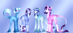 Size: 5107x2340 | Tagged: safe, artist:clay-bae, derpibooru import, starlight glimmer, trixie, oc, oc:moonlight, oc:saturn glow, pony, alternate design, female, lesbian, magical lesbian spawn, male, mare, offspring, parent:starlight glimmer, parent:trixie, parents:startrix, shipping, stallion, startrix, unshorn fetlocks