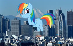 Size: 1874x1200 | Tagged: safe, artist:rainbowmaned, artist:theotterpony, rainbow dash, pegasus, pony, city, giant pony, giant rainbow dash, highrise ponies, irl, japan, macro, mega/giant rainbow dash, photo, plot, rainbutt dash, solo, story in the source, tokyo, vector