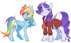 Size: 1791x1072 | Tagged: safe, artist:xenon, rainbow dash, rarity, classical unicorn, pegasus, pony, unicorn, rarity investigates, blushing, cloven hooves, detective rarity, duo, female, leonine tail, lesbian, mare, raridash, shipping, simple background, smiling, unshorn fetlocks, white background