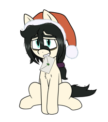 Size: 911x1021 | Tagged: safe, artist:scraggleman, oc, oc:floor bored, earth pony, /mlp/, christmas, envelope, hat, holiday, mouth hold, ponytail, santa hat, simple background, sitting, smiling, solo