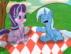 Size: 1680x1280 | Tagged: safe, artist:paw-of-darkness, derpibooru import, starlight glimmer, trixie, pony, unicorn, blushing, dappled sunlight, female, heart eyes, lesbian, picnic, picnic blanket, shipping, sitting, startrix, tree, wingding eyes