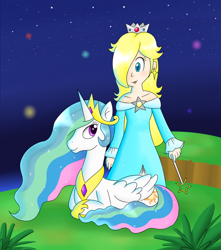 Size: 900x1016 | Tagged: safe, artist:sweet-candy-girl, princess celestia, alicorn, pony, crossover, night, rosalina, super mario bros., super mario galaxy