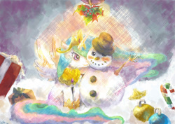 Size: 800x565 | Tagged: artist needed, source needed, safe, princess celestia, alicorn, pony, filly, present, snow, snowman