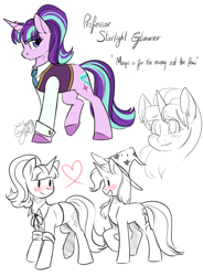 Size: 1250x1700 | Tagged: safe, artist:cosmalumi, derpibooru import, starlight glimmer, trixie, pony, unicorn, alternate universe, blushing, clothes, female, lesbian, shipping, shirt, smiling, startrix, sweater