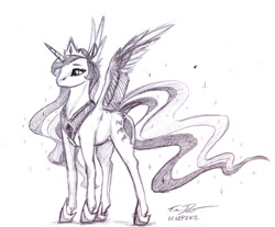 Size: 800x661 | Tagged: safe, artist:hiroshi-tea, princess celestia, alicorn, pony, dock, sketch, solo, traditional art