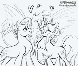 Size: 500x428 | Tagged: safe, artist:meadowmood, derpibooru import, gallus, starlight glimmer, trixie, classical unicorn, griffon, pony, unicorn, cloven hooves, facial hair, female, goatee, happy, heart, hug, leonine tail, lesbian, male, mare, monochrome, shipping, smiling, startrix, unshorn fetlocks