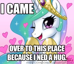 Size: 800x695 | Tagged: safe, artist:johnjoseco, princess celestia, alicorn, pony, bait and switch, bronybait, heart, i came, image macro, implied hug, looking at you, misspelling, open mouth, paraprosdokian, pretty princess, smiling, wink