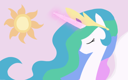 Size: 4000x2500 | Tagged: safe, artist:nekosammsi, princess celestia, alicorn, pony, cutie mark background, eyes closed, female, glowing horn, horn, jewelry, lineless, magic, mare, regalia, solo, tiara, wallpaper, wings