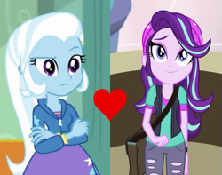 Size: 895x704 | Tagged: safe, derpibooru import, edit, edited screencap, screencap, starlight glimmer, trixie, a little birdie told me, better together, equestria girls, mirror magic, spoiler:eqg specials, female, heart, lesbian, shipping, shipping domino, startrix