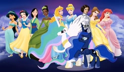 Size: 1242x731 | Tagged: safe, princess celestia, princess luna, alicorn, pony, aladdin, ariel, beauty and the beast, belle, belly button, cinderella, clothes, cut and paste, disney, disney princess, dress, fa mulan, jasmine, midriff, mulan, princess aurora, princess leia, sleeping beauty, snow white, snow white and the seven dwarfs, star wars, the little mermaid, the princess and the frog, tiana