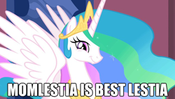 Size: 624x351 | Tagged: safe, princess celestia, alicorn, pony, female, image macro, mare, momlestia, multicolored mane, solo, white coat