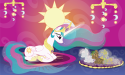 Size: 1024x614 | Tagged: safe, artist:always-a-keepsake, princess celestia, alicorn, pony, female, horn, mare, momlestia, multicolored mane, origins, solo, white coat