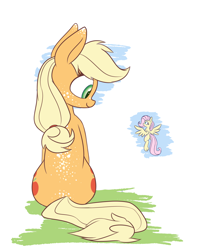 Size: 1600x2000 | Tagged: safe, artist:heir-of-rick, applejack, fluttershy, earth pony, pegasus, pony, daily apple pony, back freckles, duo, ear freckles, female, flying, freckles, hidden cane, mare, micro, sitting, size difference