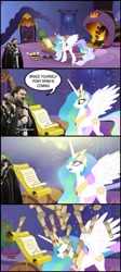 Size: 599x1333 | Tagged: safe, princess celestia, alicorn, human, pony, eddard stark, eyes closed, female, frown, game of thrones, gritted teeth, image macro, looking up, mare, reading, scroll, smiling, spam, speech bubble, spread wings, surprised, wat, wide eyes, wings