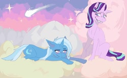 Size: 1280x789 | Tagged: safe, artist:iheeccooni, derpibooru import, starlight glimmer, trixie, pony, unicorn, blushing, cloud, comet, female, lesbian, shipping, sky, smiling, startrix