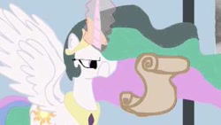 Size: 320x180 | Tagged: safe, princess celestia, alicorn, pony, female, horn, letter, mare, multicolored mane, solo, unamused, white coat