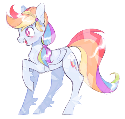 Size: 1059x1008 | Tagged: safe, artist:xenon, rainbow dash, crystal pony, pegasus, pony, alternate hairstyle, blushing, crystallized, female, mare, multicolored hair, one hoof raised, open mouth, raised hoof, simple background, smiling, solo, transparent background, unshorn fetlocks