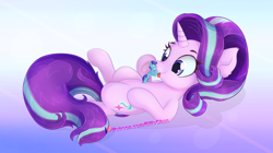 Size: 5000x2800 | Tagged: safe, artist:katakiuchi4u, starlight glimmer, oc, oc:sierra nightingale, pegasus, pony, unicorn, :p, canon x oc, commission, cute, female, glimmerbetes, glimmgale, male, micro, mlem, on back, self insert, silly, size difference, smiling, stallion, tongue out