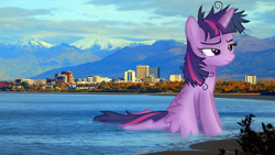 Size: 1862x1051 | Tagged: safe, artist:flutterbatismagic, twilight sparkle, twilight sparkle (alicorn), alicorn, pony, alaska, anchorage, city, female, giant pony, giantess, highrise ponies, irl, macro, macro/micro, mega twilight sparkle, mountain, mountain range, ocean, photo, photomanipulation, ponies in real life, shore, twizilla, water, wet, what has magic done