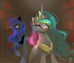 Size: 1200x1024 | Tagged: safe, artist:erinliona, princess celestia, princess luna, alicorn, pony, book, library