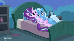 Size: 4443x2501 | Tagged: safe, alternate version, artist:gutovi, derpibooru import, starlight glimmer, trixie, pony, unicorn, bed, blushing, cuddling, female, fourth wall, lesbian, looking at you, shipping, show accurate, smug, starlight's room, startrix