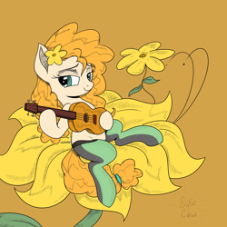 Size: 3000x3000 | Tagged: safe, artist:icey-wicey-1517, artist:katakiuchi4u, color edit, edit, pear butter, earth pony, pony, acoustic guitar, bedroom eyes, brown background, buttercup, clothes, colored, cute, female, flower, flower in hair, mare, micro, pearabetes, simple background, socks, solo, stockings, thigh highs