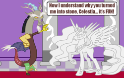 Size: 936x589 | Tagged: safe, artist:death-driver-5000, discord, princess celestia, alicorn, draconequus, pony, the return of harmony, artifact, duo, petrification, raised hoof, statue